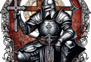 knight kneeling before the cross of Christ tattoo idea