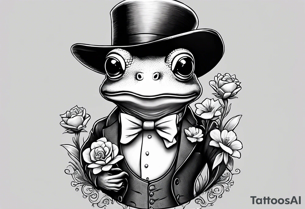 Cute Frog wearing top hat and a suit standing on its Back legs while holding flowers tattoo idea