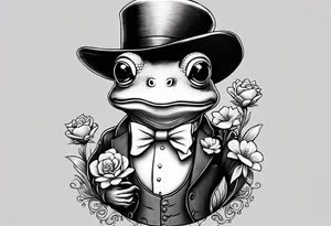 Cute Frog wearing top hat and a suit standing on its Back legs while holding flowers tattoo idea