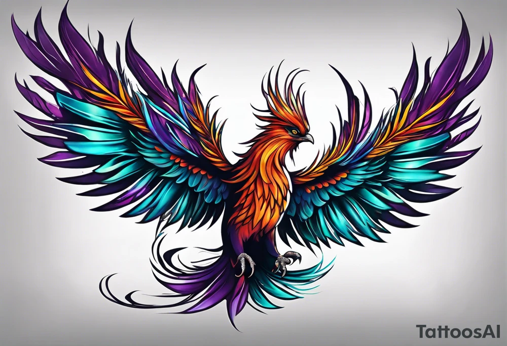 Phoenix on hip down into thigh with feathers that have teal purple and blue from the Ashes I rise tattoo idea