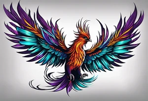 Phoenix on hip down into thigh with feathers that have teal purple and blue from the Ashes I rise tattoo idea