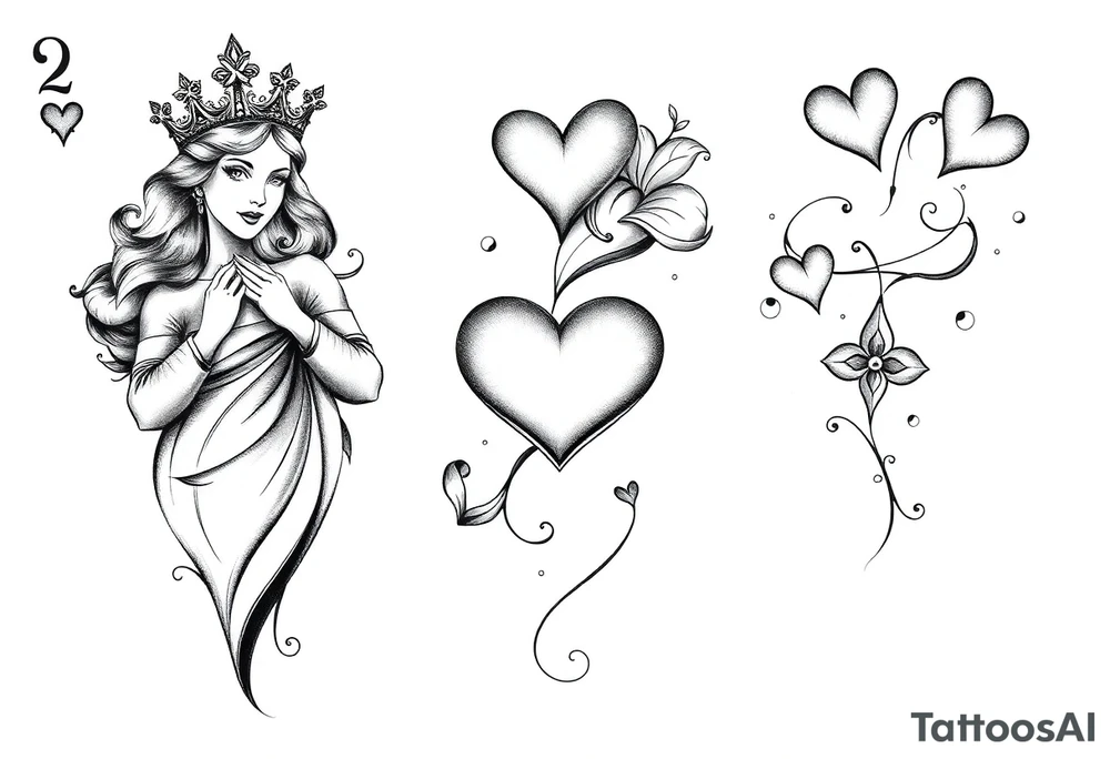 Queen of hearts, 2 of hearts and 4 of hearts playing card tattoo idea