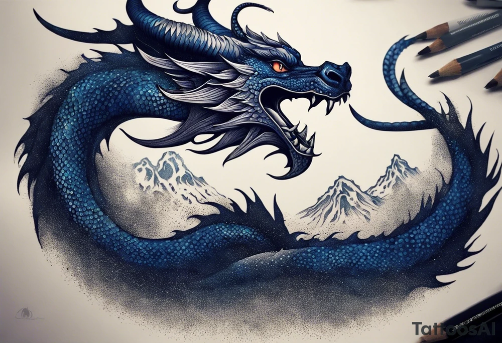 An epic floating dragon. Its long body coiling dynamically, with scales and horns detailed to create a sense of movement and strength. The dragon's main color is midnight blue, giving a vibrant depth and a mystical aura. This tattoo highlights the dragon’s fierce expression and sharp claws. tattoo idea
