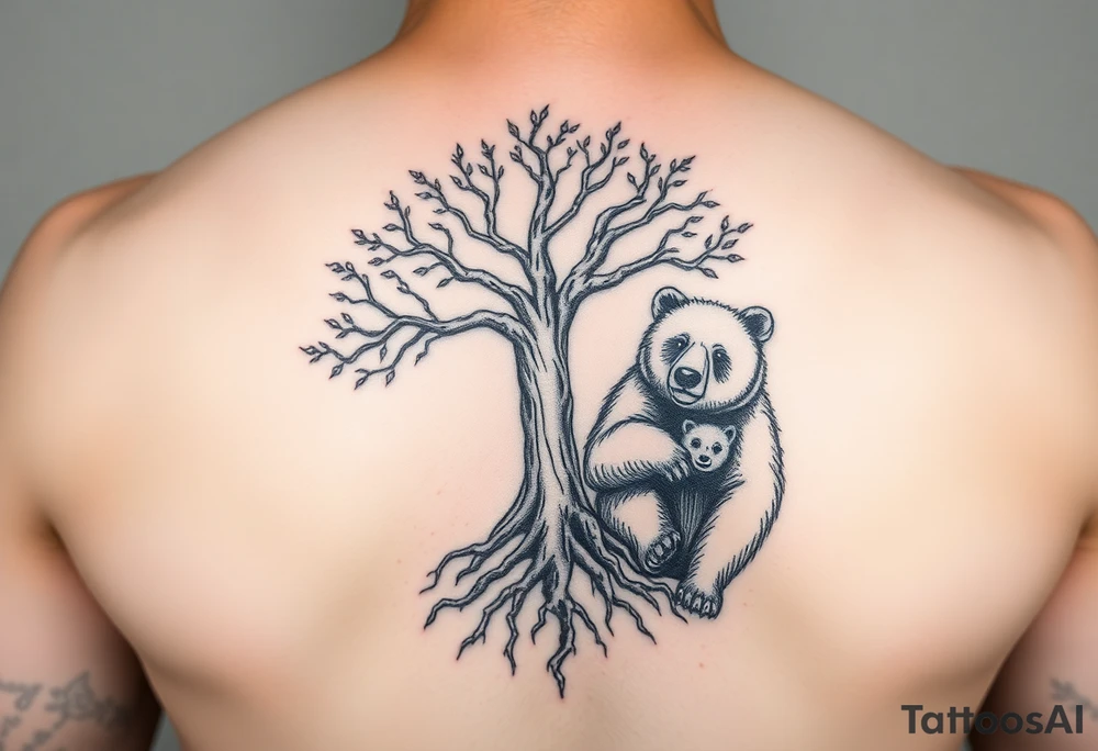 Tree of life with root detail and a realistic mother bear with her cub tattoo idea