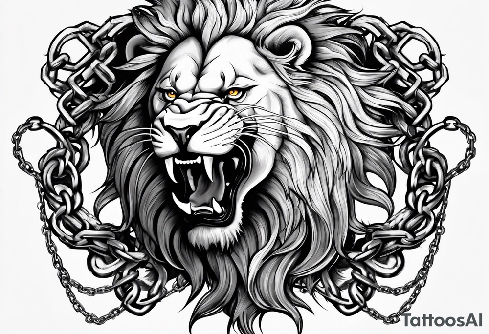 Wounded lion trying to brake the chains tattoo idea