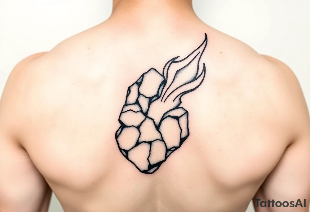 An abstract masculine tattoo combining two elements: a rugged, cracked stone shape symbolizing endurance and solitude, entwined with a sharp, flowing flame representing passion, love, and inner power. The stone has fine cracks and textures, while the flame features clean, bold lines. The two merge seamlessly, contrasting hard edges with dynamic curves. Design uses bold black linework with minimal shading, emphasizing strength and emotional complexity. tattoo idea