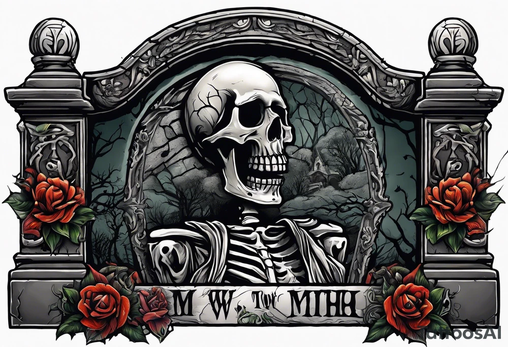 Skeleton crawling out of grave. 
MIW Reincarnate written on gravestone tattoo idea