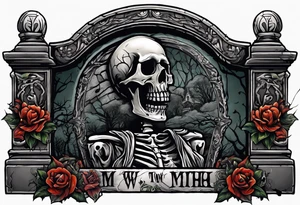Skeleton crawling out of grave. 
MIW Reincarnate written on gravestone tattoo idea