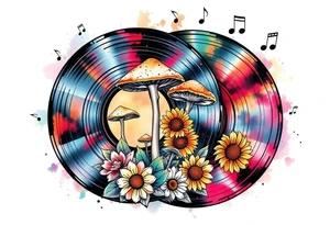 two overlapping vinyl records with mushrooms, sunflowers, and music notes tattoo idea