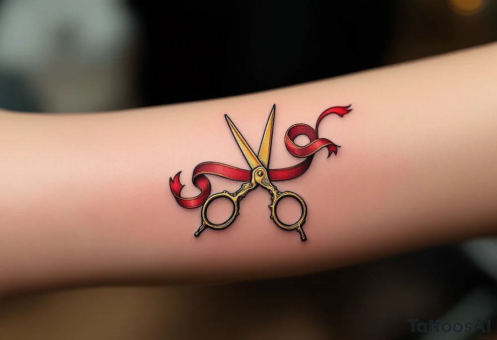 Scissors and Ribbon Tattoo – A pair of delicate golden scissors cutting through a curling red ribbon, with intricate details in red and gold, representing celebration, new beginnings, or achievements. tattoo idea