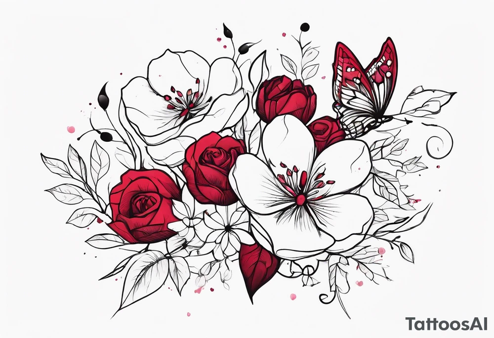 Flowers with "Ruby" in calligraphy font and butterflies around it tattoo idea