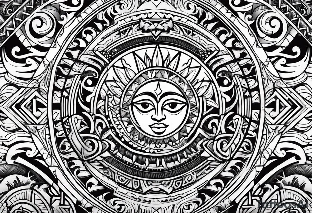 Polynesian tribal tattoo with sun, moon and eyes tattoo idea