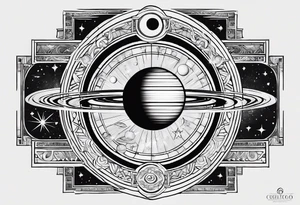 A tattoo with Saturn at the center surrounded by intricate linguistic symbols, reflecting the client's interests in cosmology and linguistics. tattoo idea