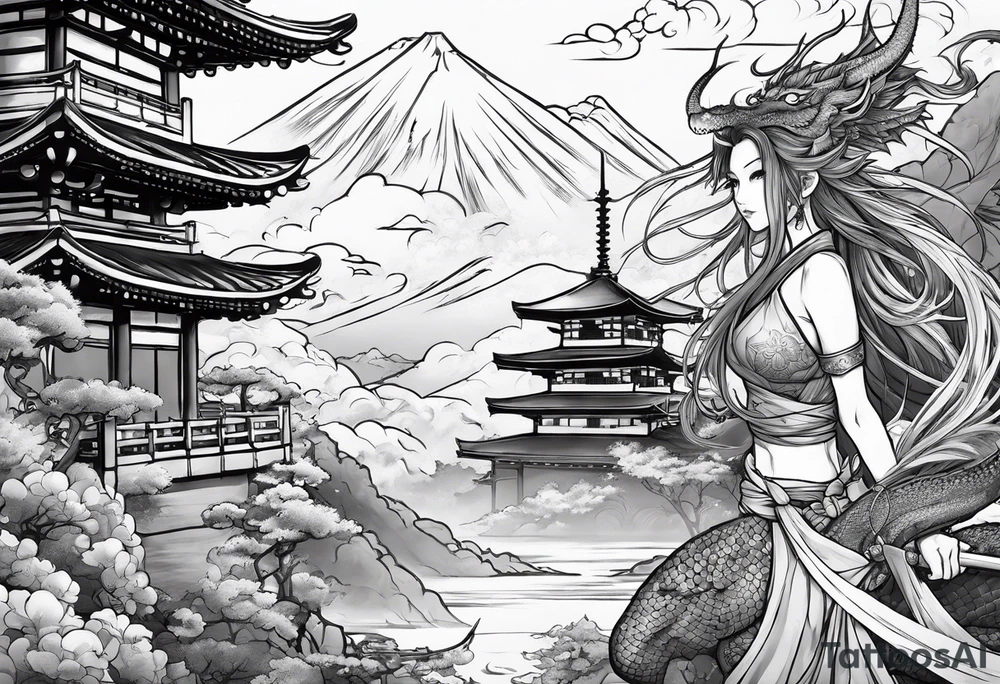 warrior beautiful fairy nymph with a full body with a sword and a full dragon with a mountain with clouds and a Japanese building background tattoo idea