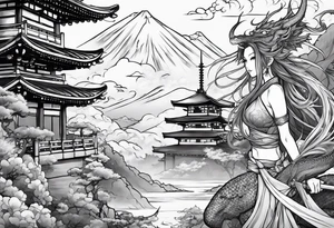 warrior beautiful fairy nymph with a full body with a sword and a full dragon with a mountain with clouds and a Japanese building background tattoo idea