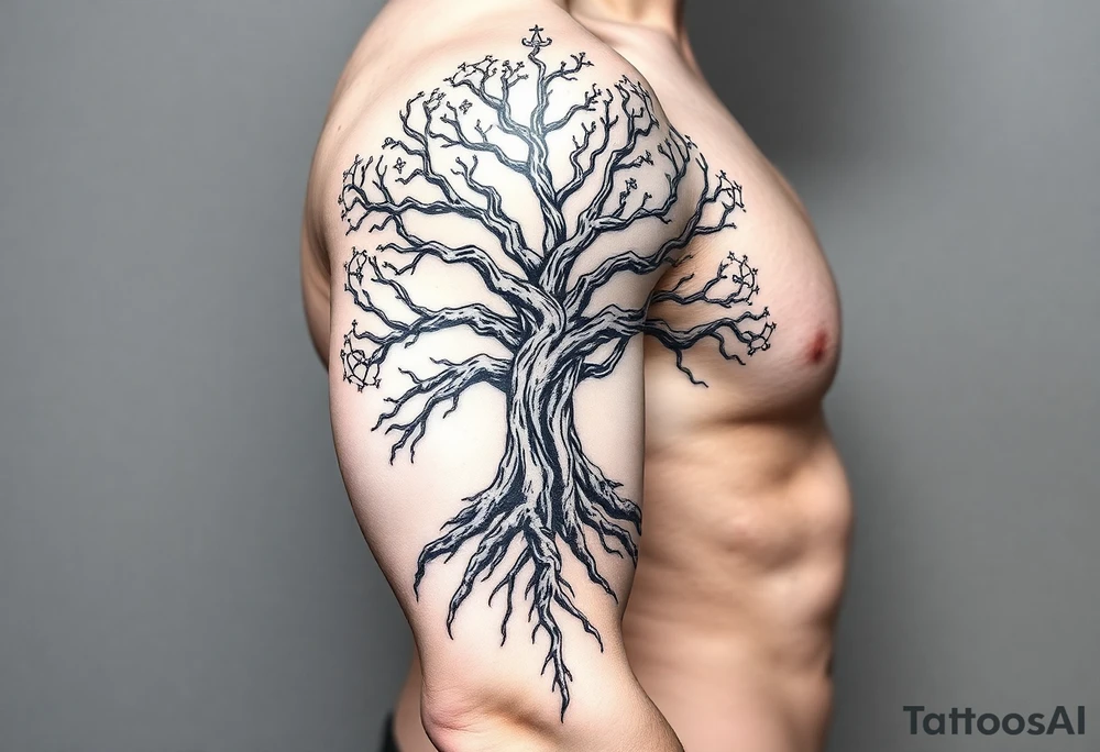 mystical tree of life with cosmic roots and celestial branches tattoo idea
