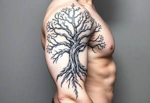 mystical tree of life with cosmic roots and celestial branches tattoo idea