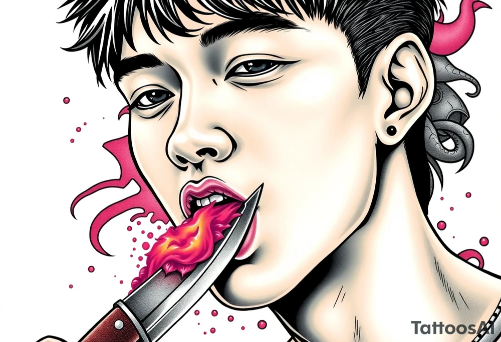 Handsome Asian young guy is licking a ritual knife tattoo idea