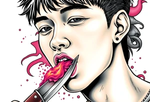 Handsome Asian young guy is licking a ritual knife tattoo idea