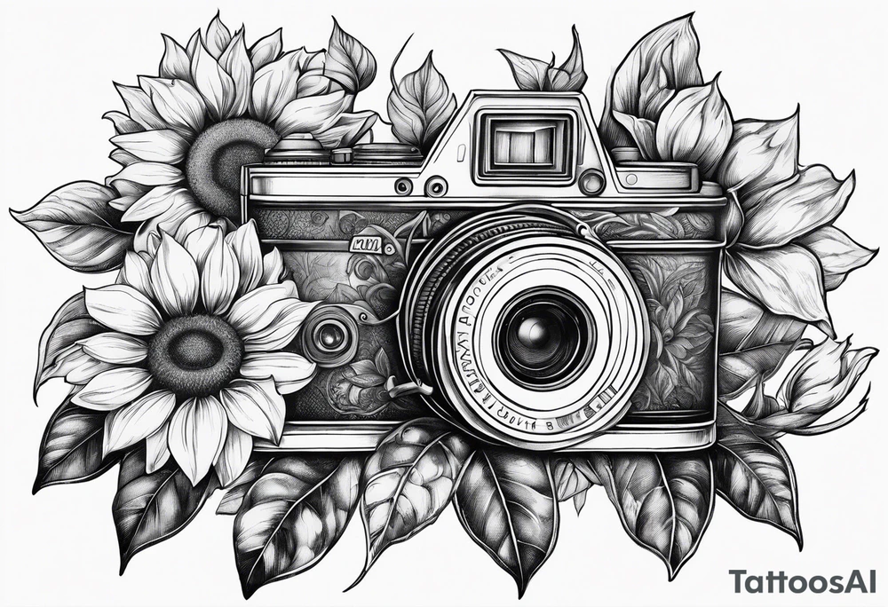 sunflower, camera, flower rose , book tattoo idea