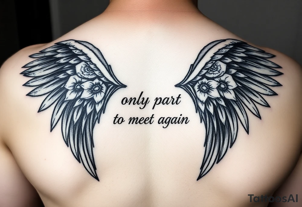 cybersiglism angel wings, quote saying "we only part to meet again", moonflowers tattoo idea