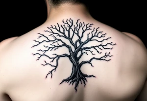 Flowing asymmetrical symbolic tree quarter sleeve on shoulder. Bold and simple branches that do not look realistic. Tree of gondor tattoo idea
