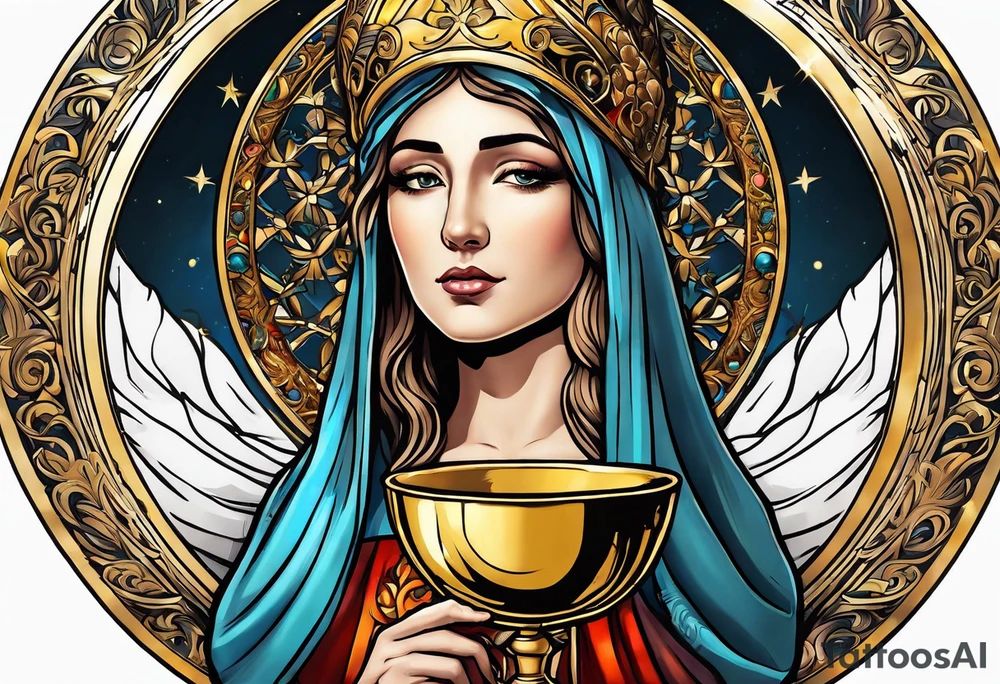 holy saint woman turned away with golden halo holding a chalice tattoo idea