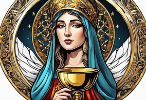 holy saint woman turned away with golden halo holding a chalice tattoo idea