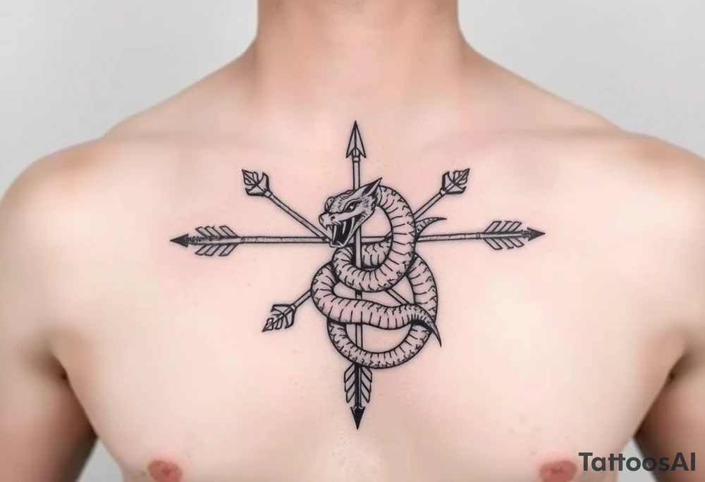 snake with bow and arrow with dragon around chest tattoo idea