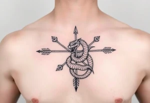 snake with bow and arrow with dragon around chest tattoo idea
