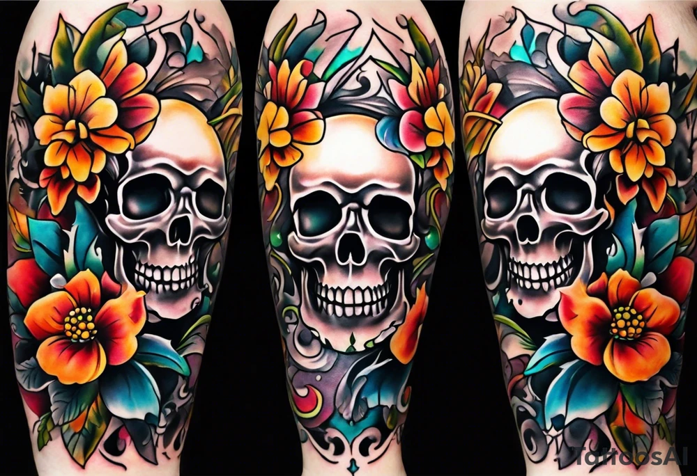 Old school center Knee tattoo with skulls, flowers, water shapes and fall colors tattoo idea