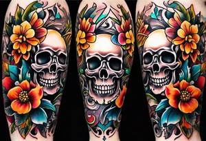 Old school center Knee tattoo with skulls, flowers, water shapes and fall colors tattoo idea