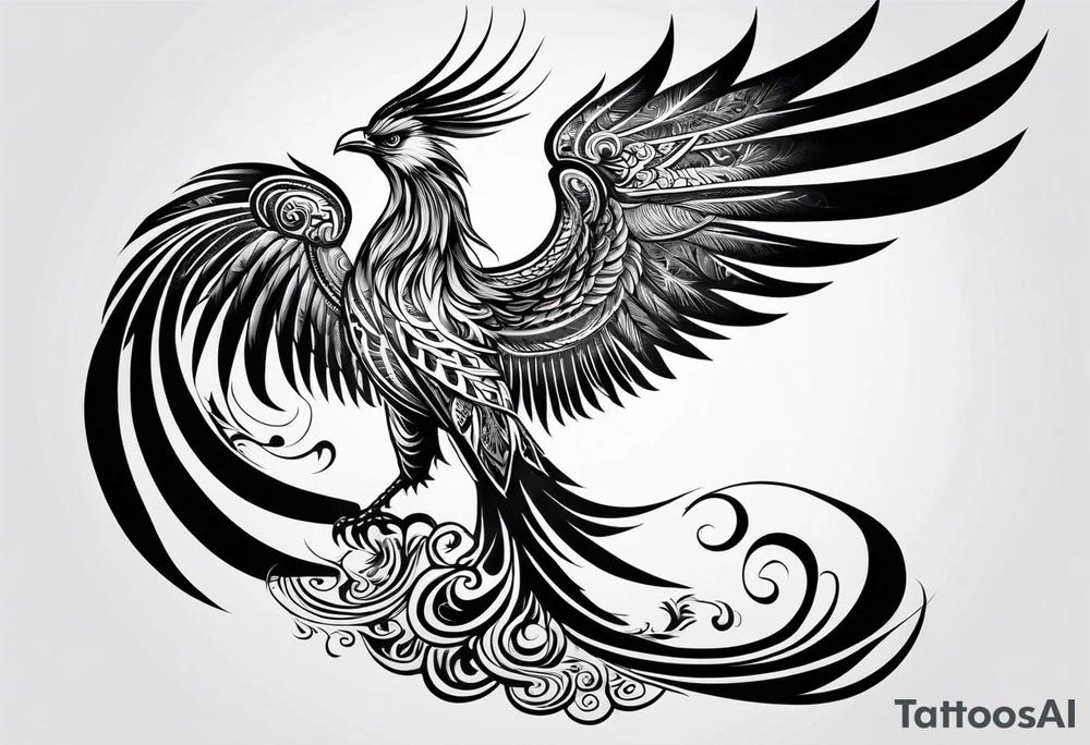 tribal pheonix with long tail curling tattoo idea
