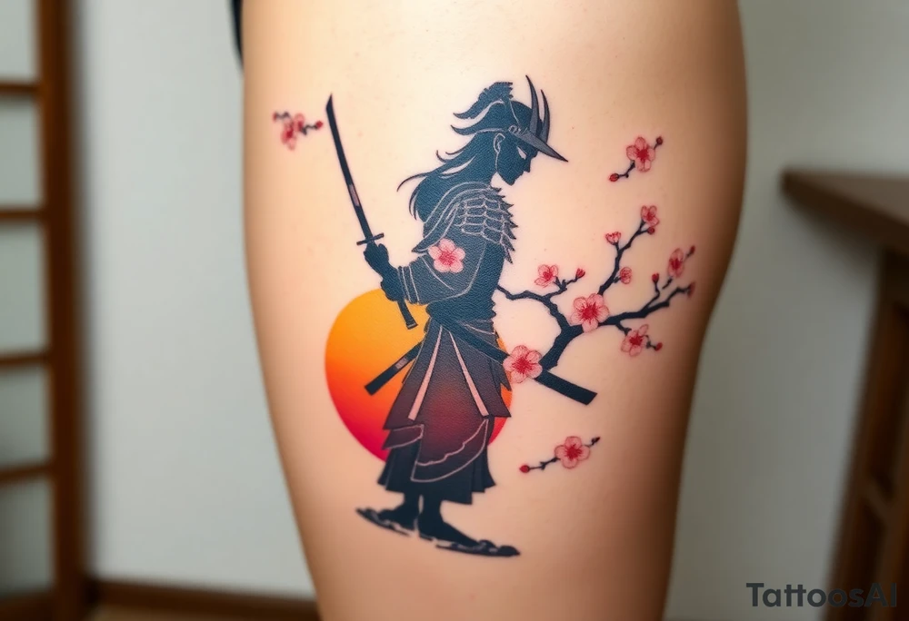 noble samurai warrior silhouette at sunset with cherry blossoms tattoo idea