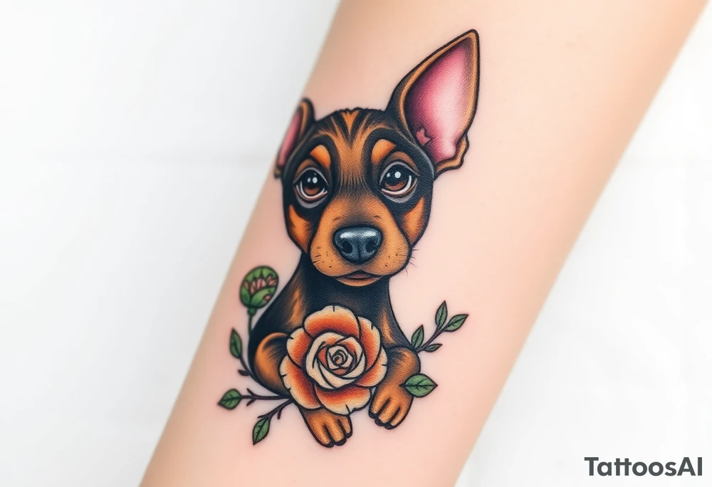 Cute female  hound dog mix Brindle dog with the name kiwi . And a tiny rose around her . With her ears pointy a little big tattoo idea