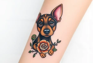 Cute female  hound dog mix Brindle dog with the name kiwi . And a tiny rose around her . With her ears pointy a little big tattoo idea