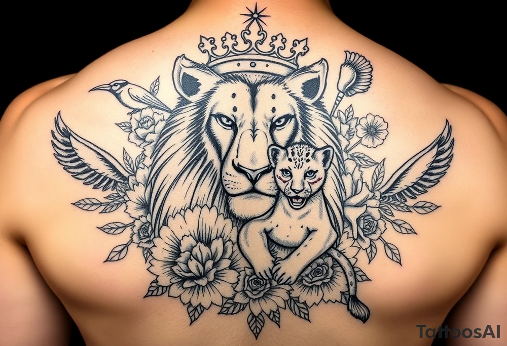 powerful majestic lion and cub with a crown, surrounded by floral ornaments and birds tattoo idea