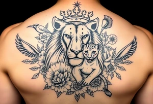 powerful majestic lion and cub with a crown, surrounded by floral ornaments and birds tattoo idea