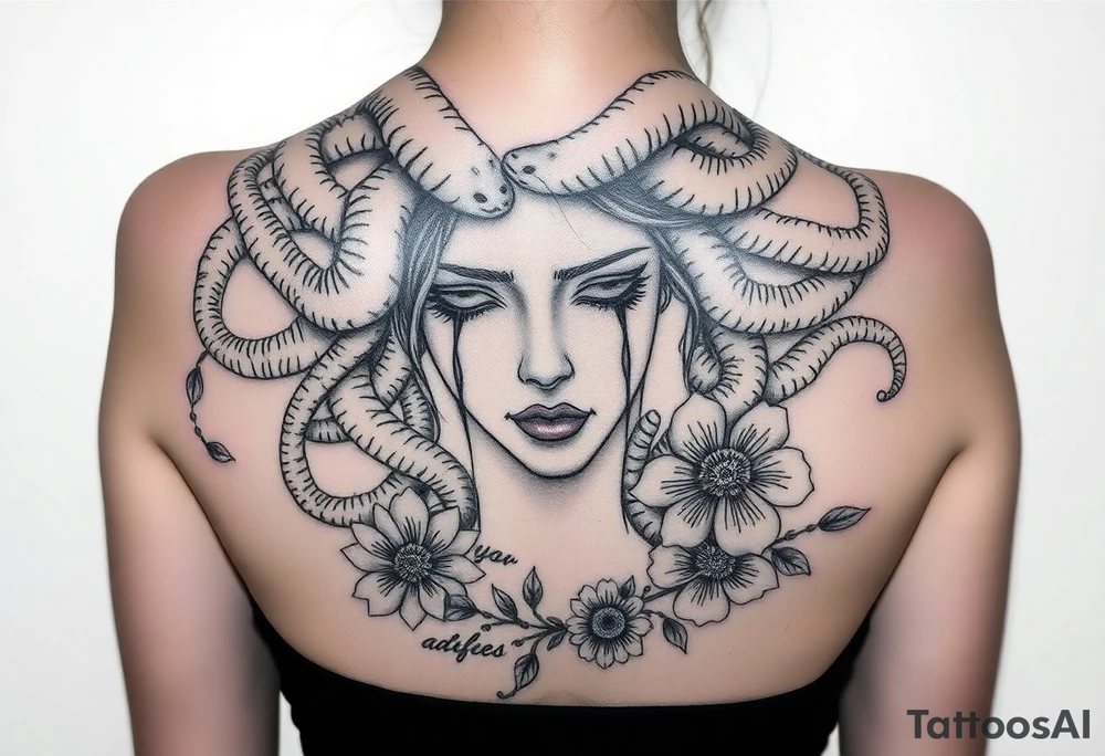 Sad Medusa with tears snakes coming out of hair with flowers and quotes tattoo idea