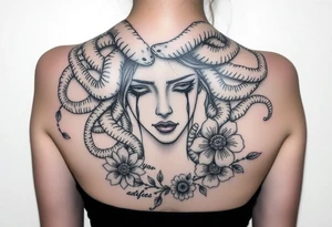 Sad Medusa with tears snakes coming out of hair with flowers and quotes tattoo idea