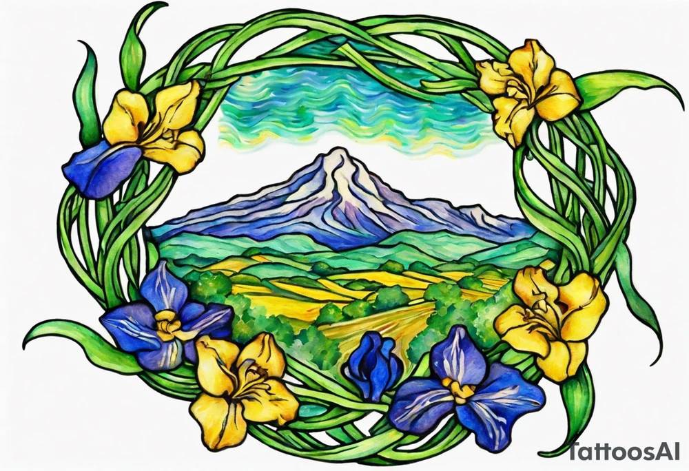 Create a small, colorful Vincent van Gogh Irises tattoo in the form of a crescent, with vines in Celtic knot style gracefully intertwining at a central point in the middle of the wreath. The intended placement is on the upper chest. The middle needs mountains. The overall design should be small in size while maintaining a delicate and artistic aesthetic. Pay attention to the graceful flow of the vines and the placement of the irises to achieve a refined and elegant look. tattoo idea