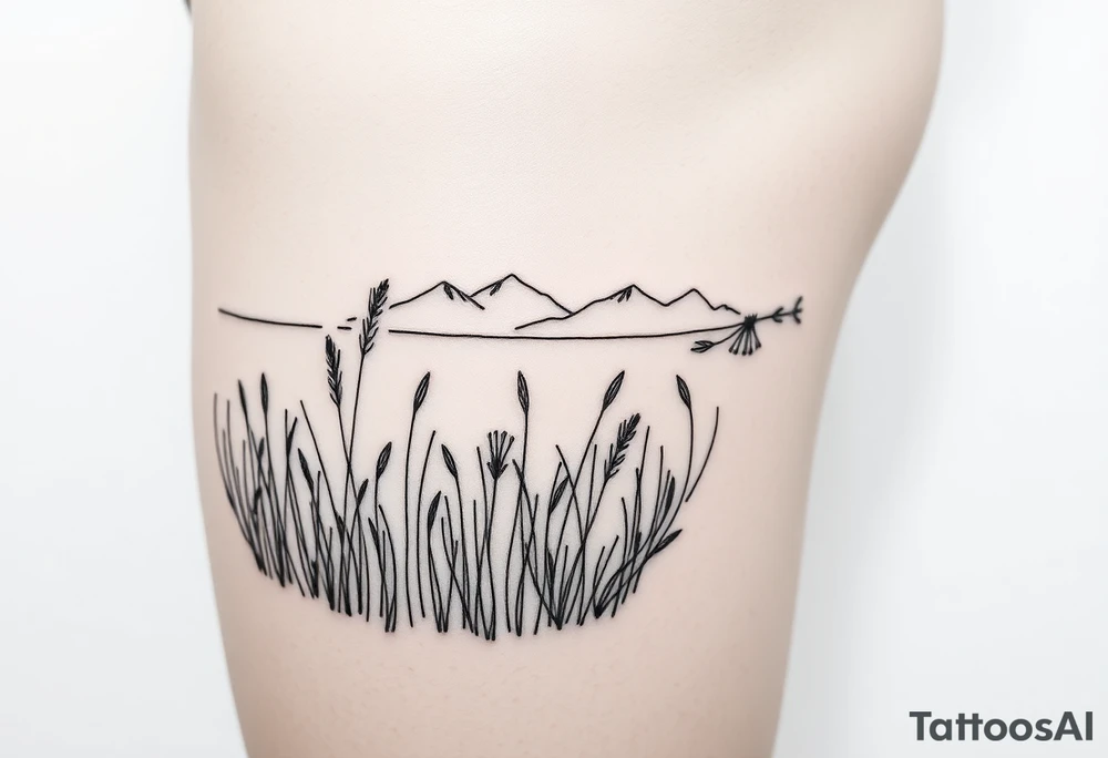 A field with long grass and flowers with mountains in the background tattoo idea