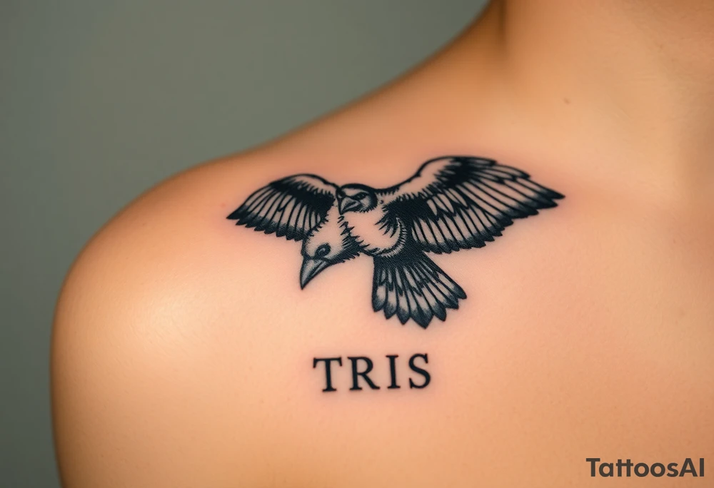 A detailed raven in mid-flight, wings spread wide with intricate feather patterns, symbolizing Tris’s journey, representing sci fi movie Divergent and name TRIS tattoo idea