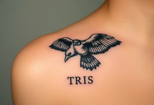 A detailed raven in mid-flight, wings spread wide with intricate feather patterns, symbolizing Tris’s journey, representing sci fi movie Divergent and name TRIS tattoo idea