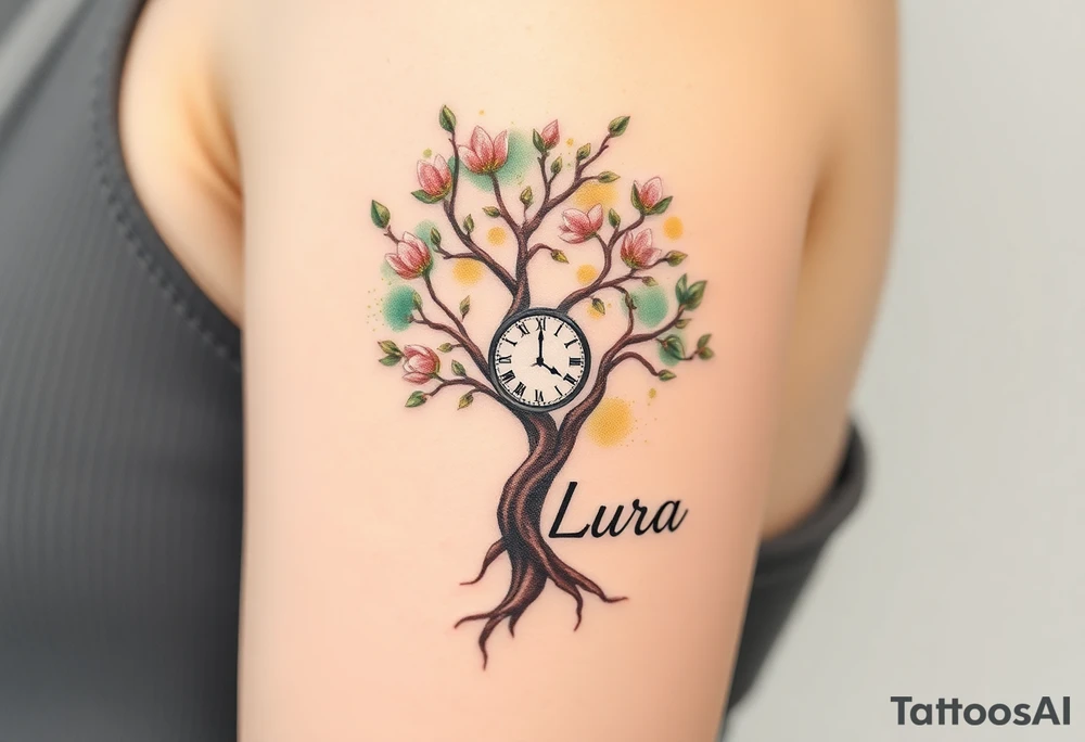 A blooming tree with a clock embedded in its trunk and name "Laura", symbolizing growth and life, in shades of green, brown, and soft golden highlights tattoo idea