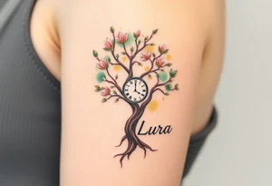 A blooming tree with a clock embedded in its trunk and name "Laura", symbolizing growth and life, in shades of green, brown, and soft golden highlights tattoo idea