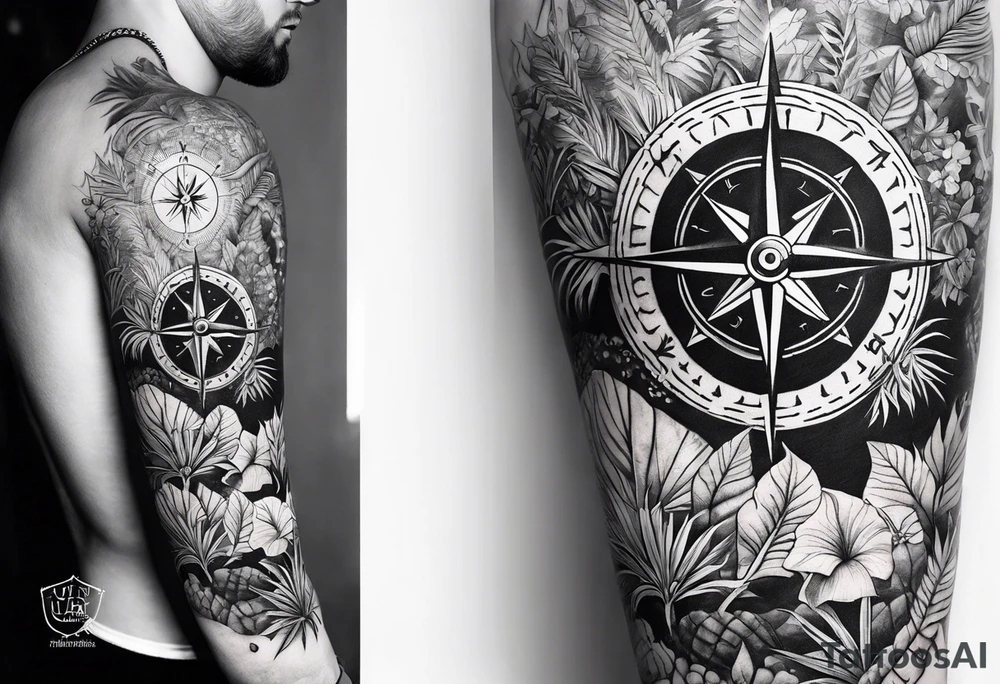 sleeve tattoo with Vegvisir compass with jungle plants surrounding it tattoo idea