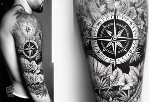 sleeve tattoo with Vegvisir compass with jungle plants surrounding it tattoo idea