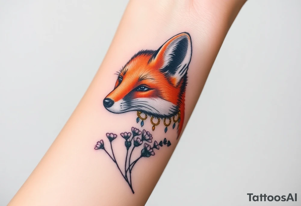 adult fox with jewelry smelling wild flowers tattoo idea