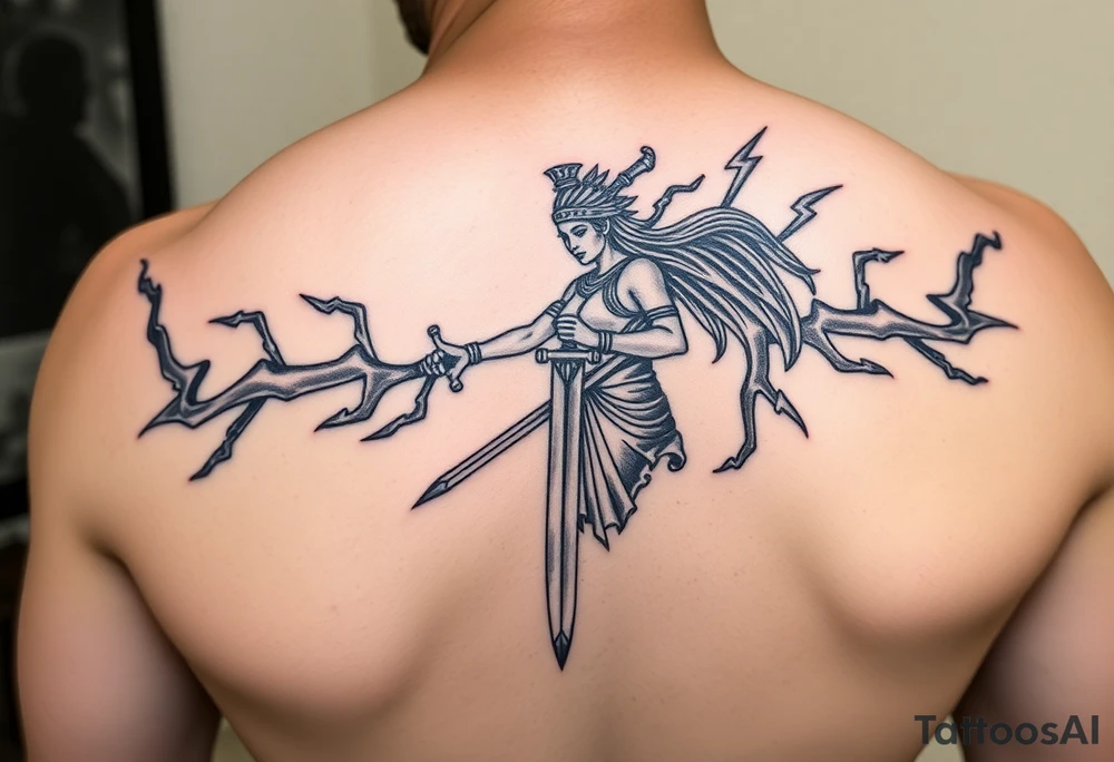 Greek goddess warrior with long dagger and realistic lighting bolts going around body Greek mythology style with dark shading tattoo idea